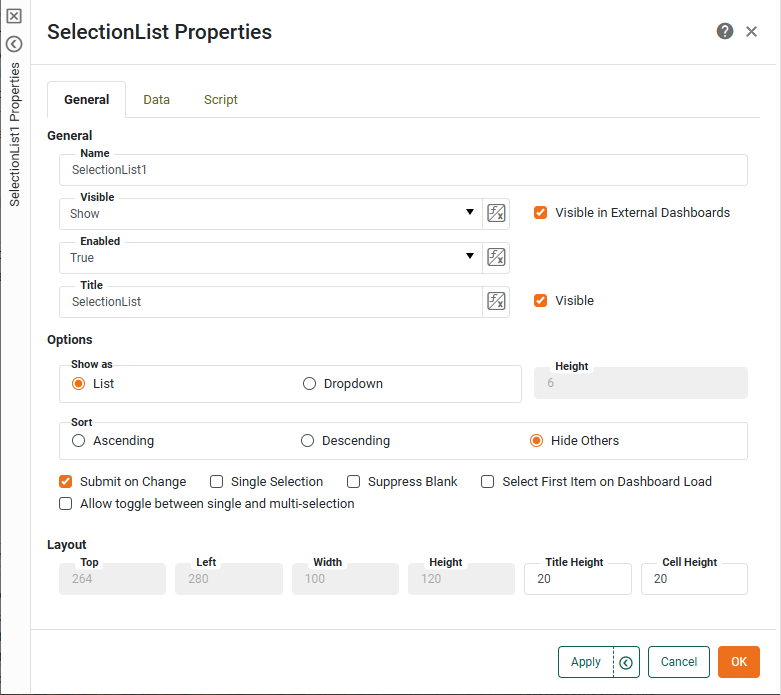 selection list general tab properties