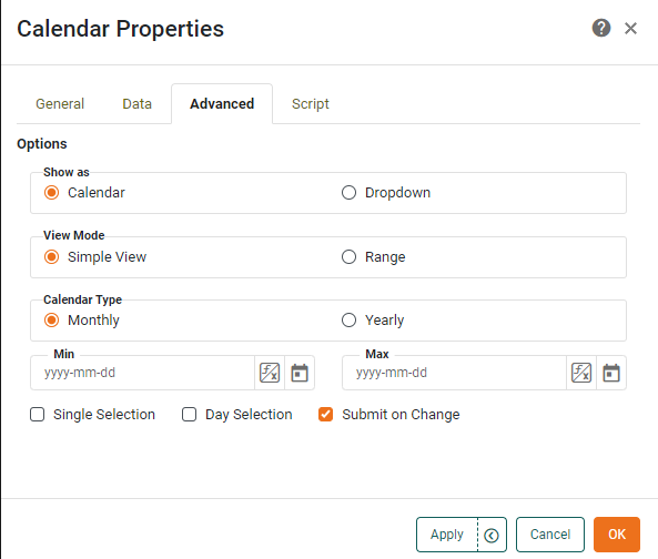calendar advanced tab with show as and view mode options