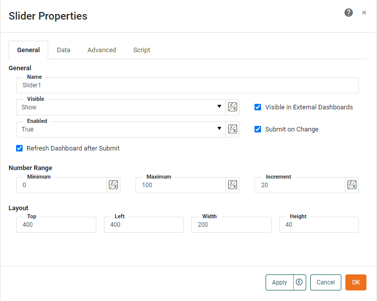 slider spinner general tab properties
