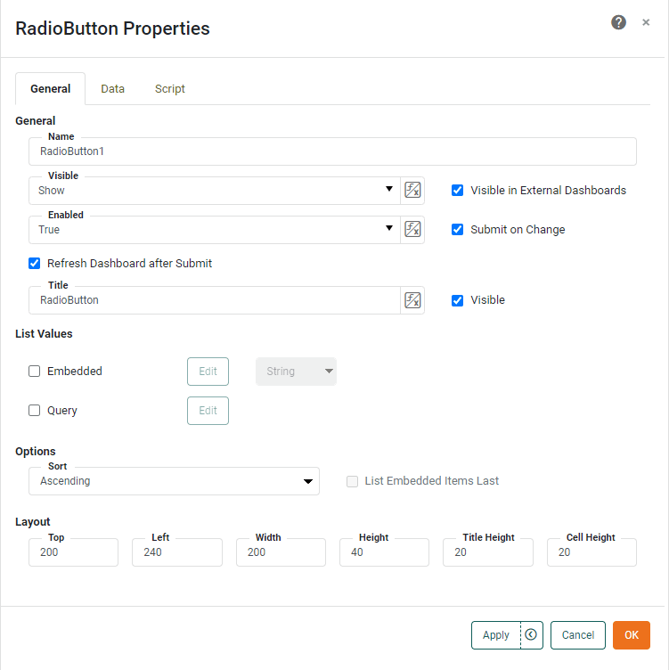radio button check box combo box general tab