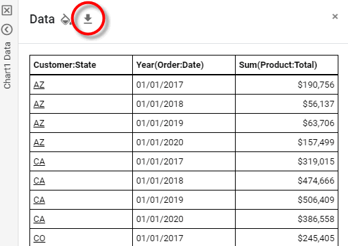 press export button in chart data panel
