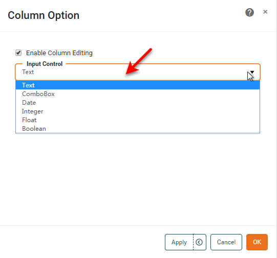 select column editor type in column option dialog