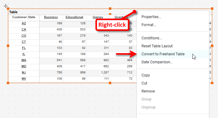 right-click and select convert to freehand table