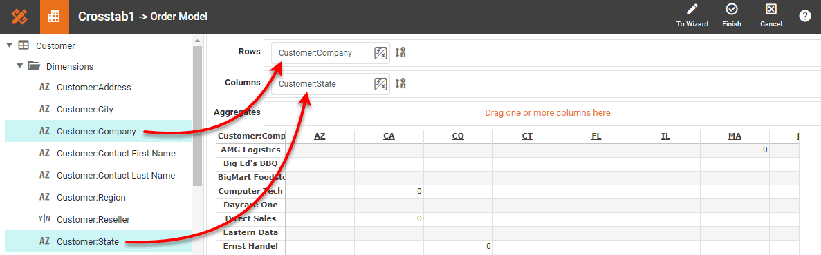 drag dimensions into columns and rows regions