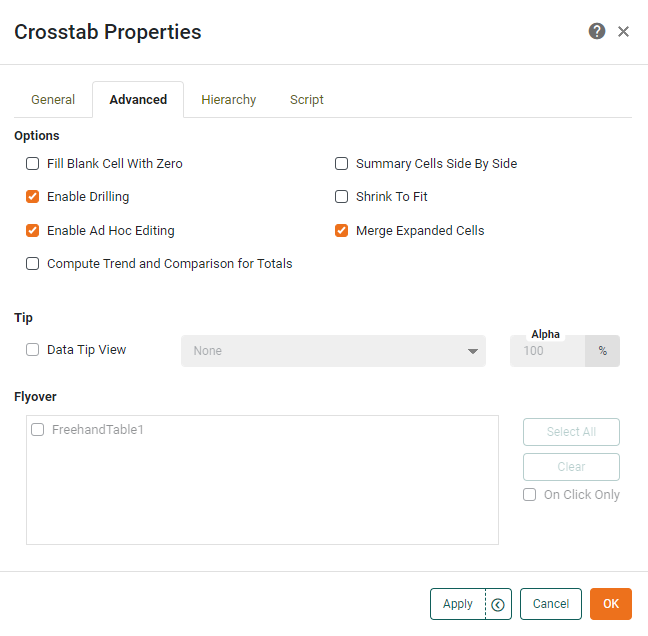 crosstab properties advanced tab
