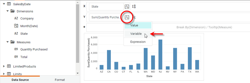 press value type choose variable option
