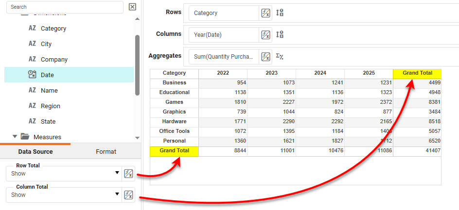 select Show for row total or column total