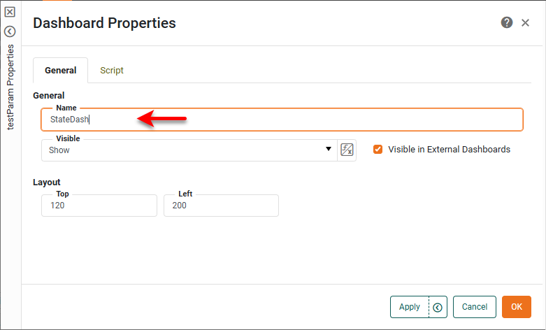 Dashboard Properties dialog box showing name assigned to embedded dashboard