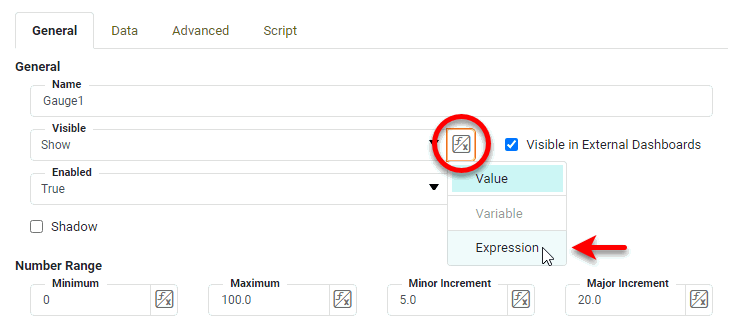 expression option selected in gauge properties value type menu