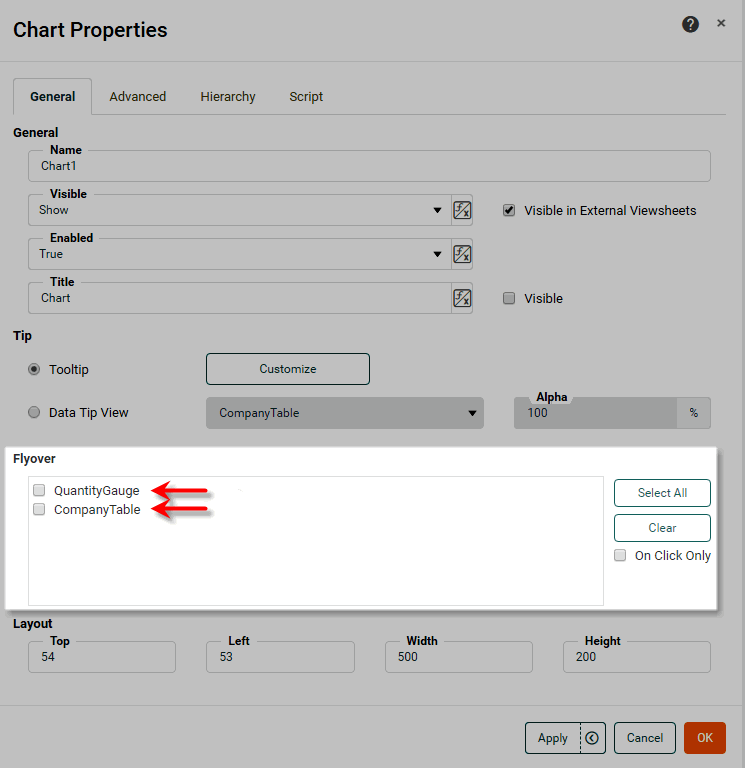select flyover components in chart properties