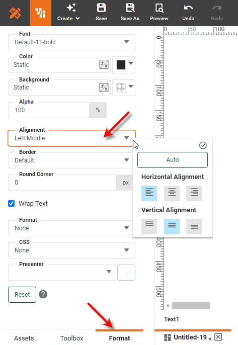 alignment settings in format panel
