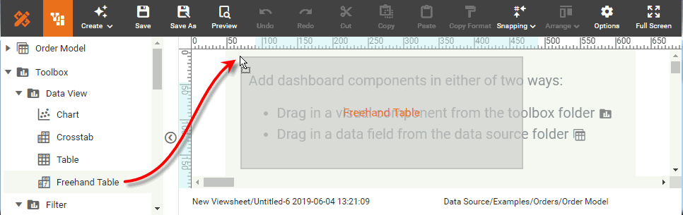 drag freehand table from toolbox into dashboard