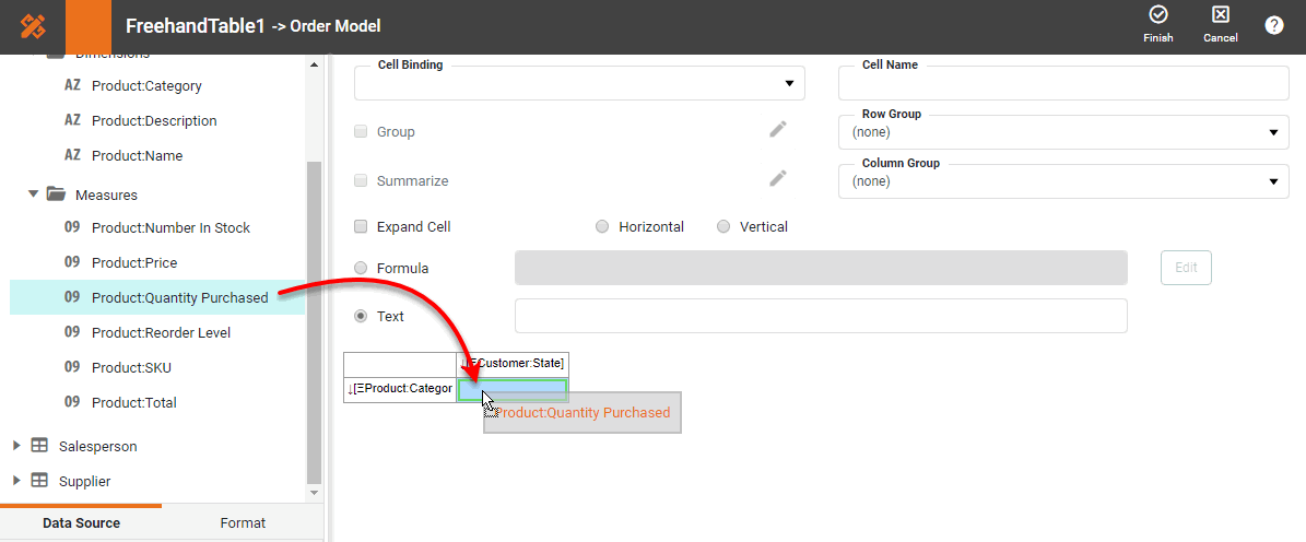 drag fields from data source into table diagram