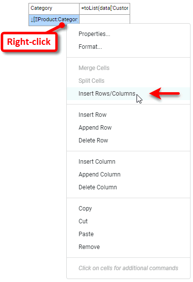 right-click cell to add or remove rows and columns