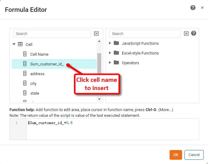 formula editor showing cell reference inserted from Cell folder