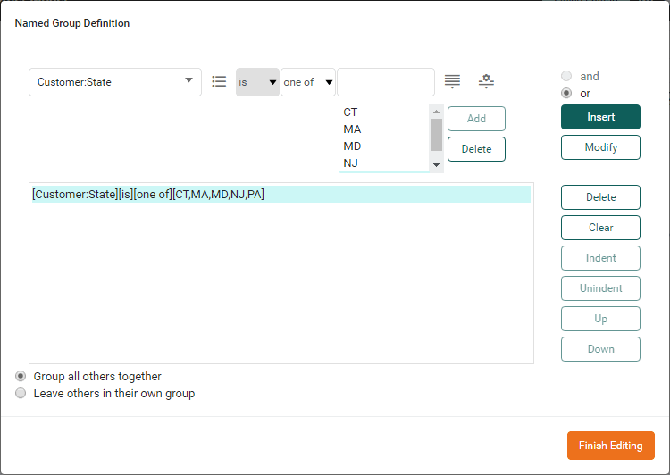 specify condition defining values belonging to group