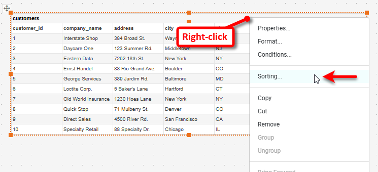 right-click freehand table and select Sorting
