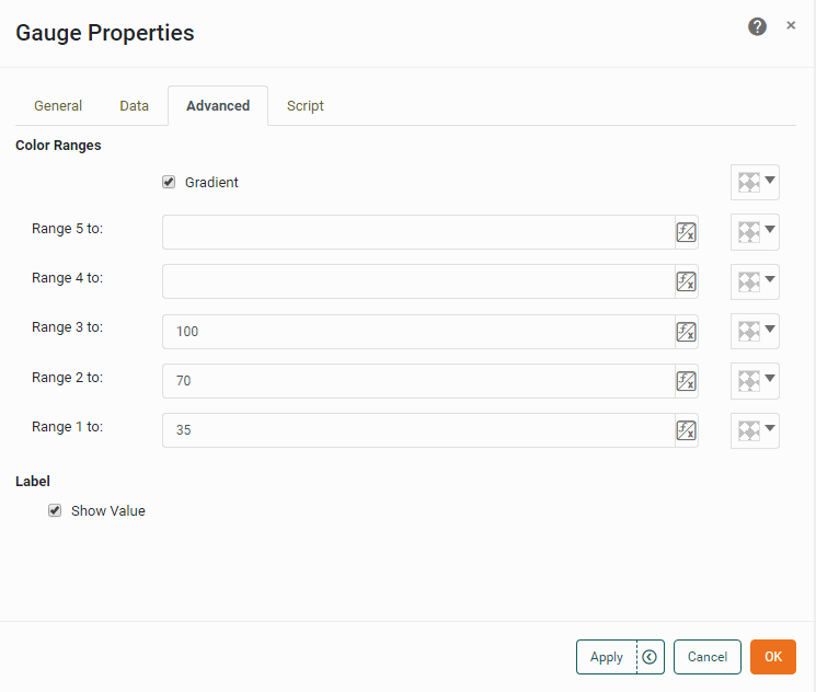 gauge advanced tab with range and show value options