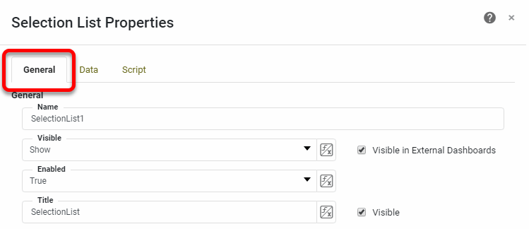 general tab properties panel for dashboard component