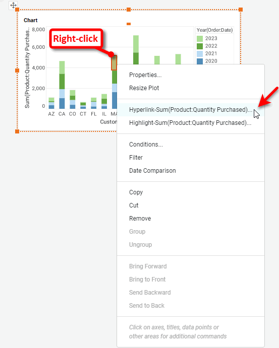 hyperlink dialog box for chart