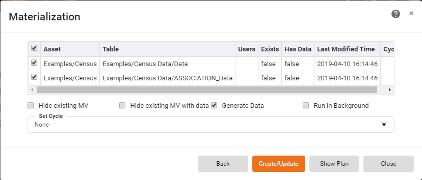 assets listed for materialized view creation