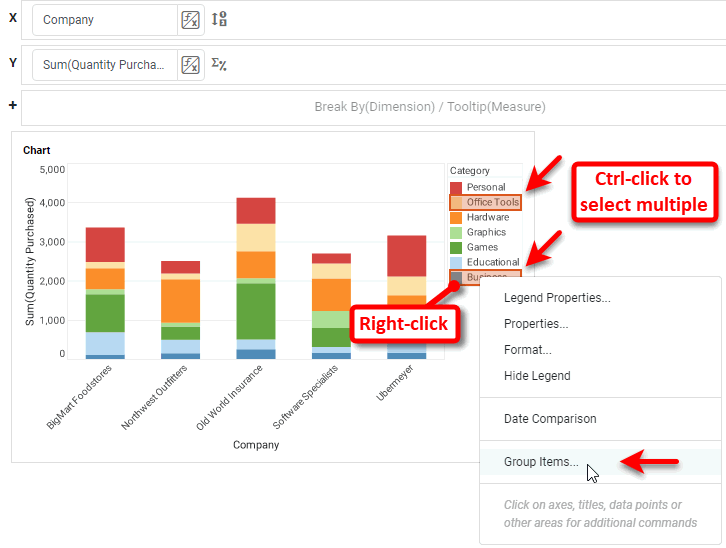right-click selected labels and choose group items