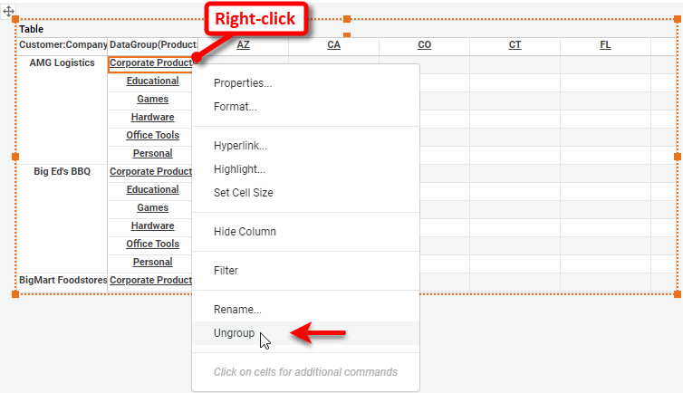 right-click header label and select Ungroup