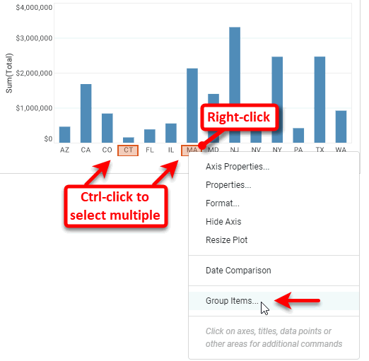 right-click selected axis labels and choose group items