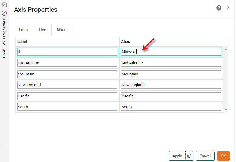 set alias for IL label in axis properties dialog