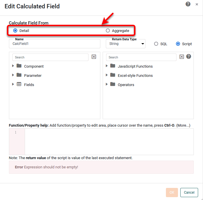 select Detail or Aggregate option in Calculated Field panel