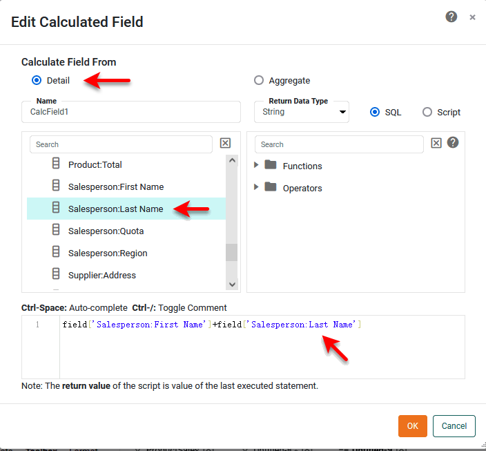 Edit Calculated Field dialog showing detail fields available for expression