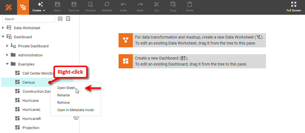 right-click dashboard and select Open Sheet