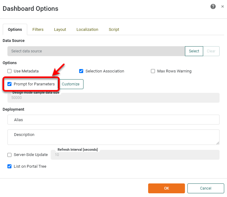 disable prompt for parameters option