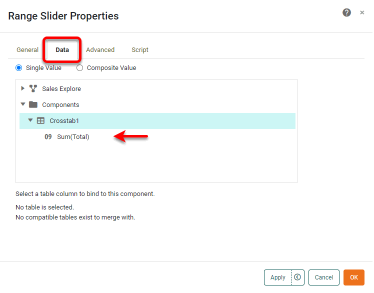 select assemblies node in range slider data tab