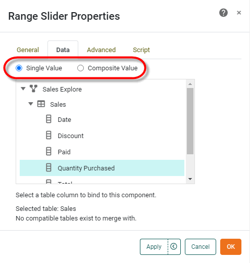 range slider properties Data tab showing single value vs composite value option