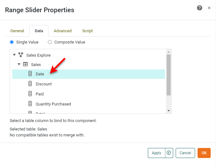 range slider properties Data tab showing field binding selection