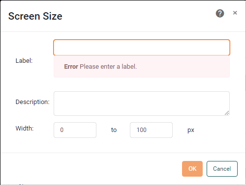 screen size dialog with label and description fields