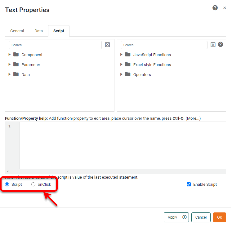 script editor Script tab with Script and onClick buttons at bottom