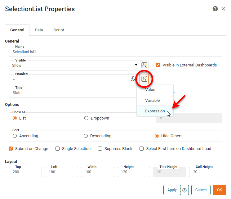 selection list properties with enabled set to expression