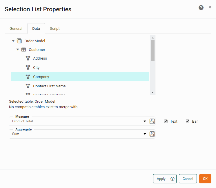 selection list data tab properties