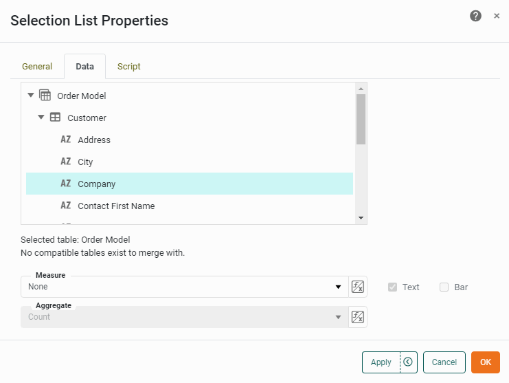 open selection list properties dialog