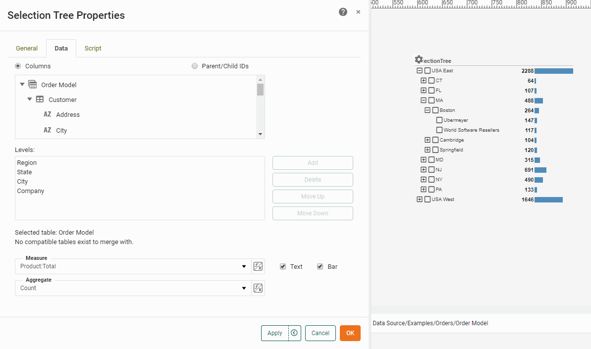 selection tree data tab properties