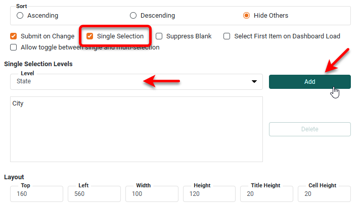 single selection hierarchy levels configuration