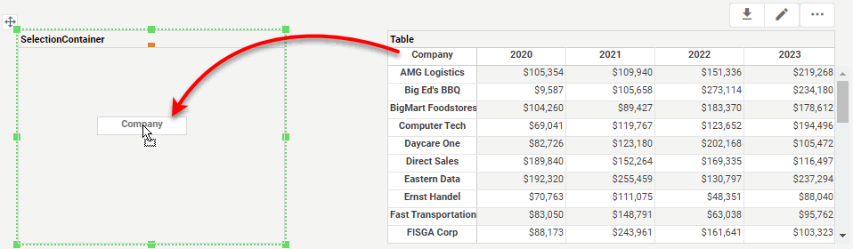 drag column from table into selection container