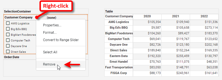 right-click filter to remove from selection container