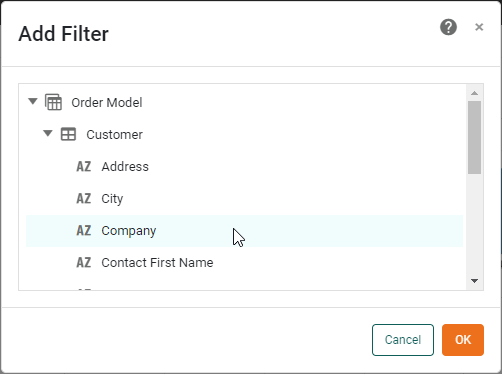 add filter dialog box to select field