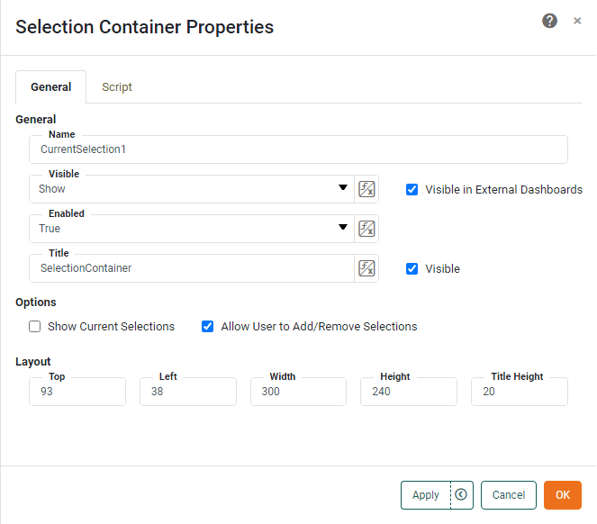 selection container general tab properties