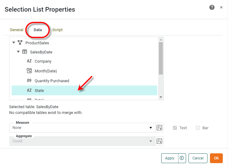 selection component Data tab showing field binding selection