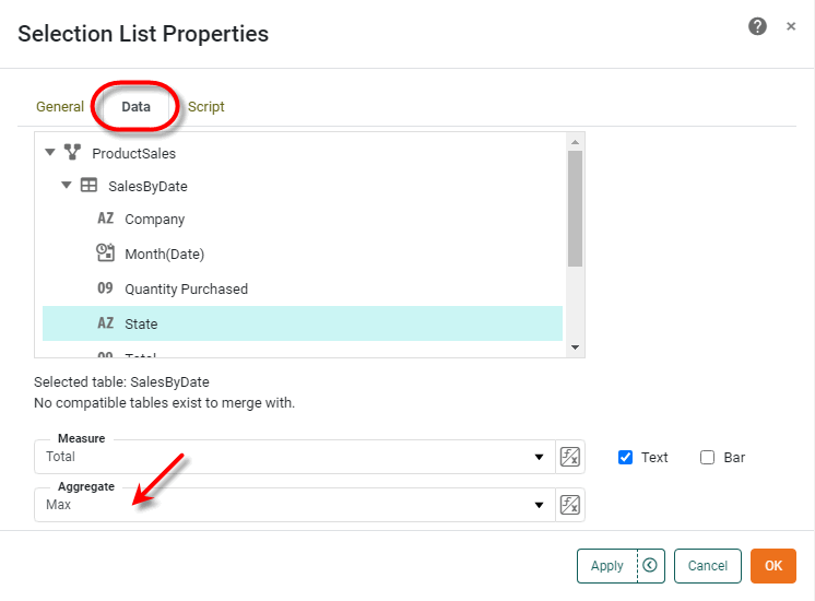 selection component Data tab showing Aggregate formula selection