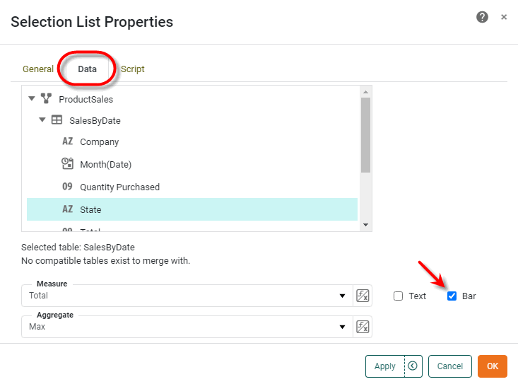 selection component Data tab with Bar option enabled for measure display